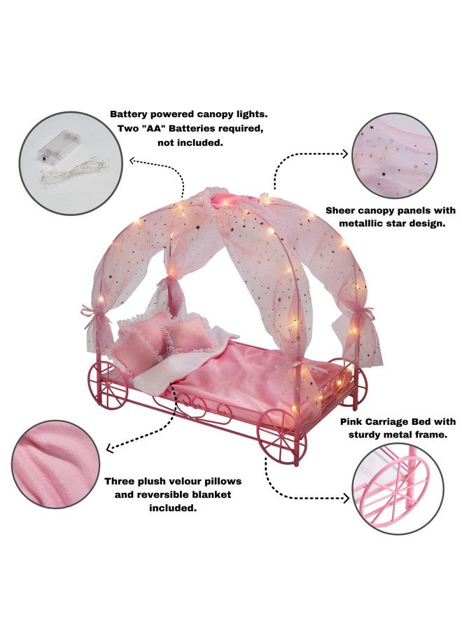 Toy Royal Doll Carriage Bed With Canopy Bedding And Led Lights For 18 Inch Dolls Pink/Stars