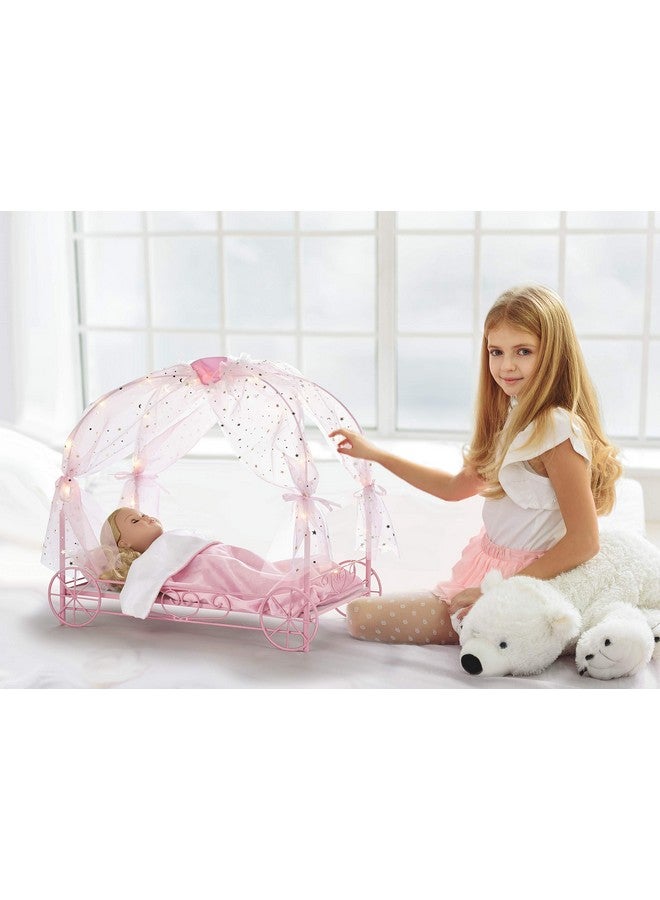 Toy Royal Doll Carriage Bed With Canopy Bedding And Led Lights For 18 Inch Dolls Pink/Stars