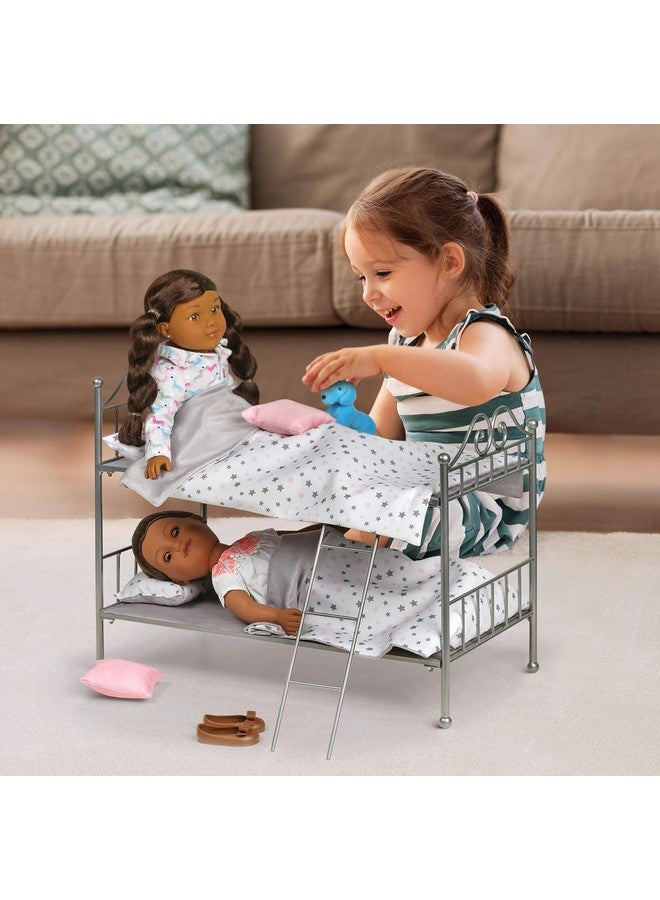 Toy Scrollwork Metal Doll Bunk Bed With Ladder And Bedding For 18 Inch Dolls Silver/Pink/Stars