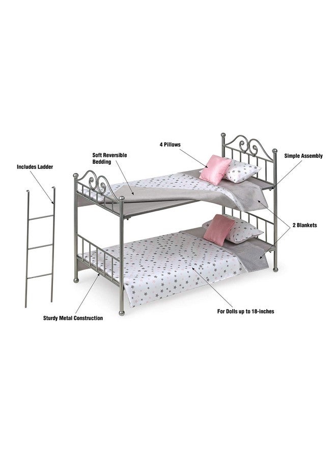 Toy Scrollwork Metal Doll Bunk Bed With Ladder And Bedding For 18 Inch Dolls Silver/Pink/Stars