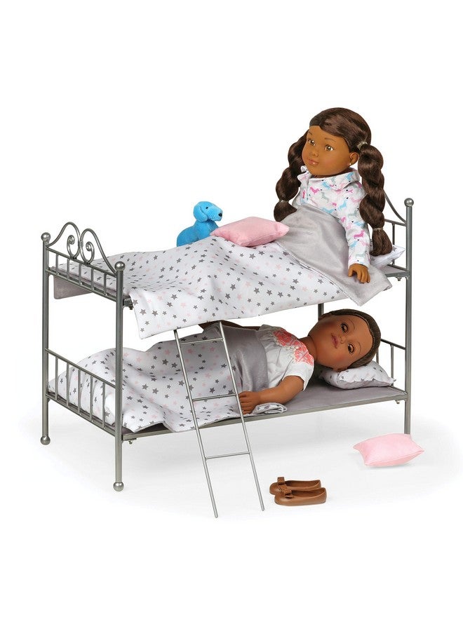 Toy Scrollwork Metal Doll Bunk Bed With Ladder And Bedding For 18 Inch Dolls Silver/Pink/Stars