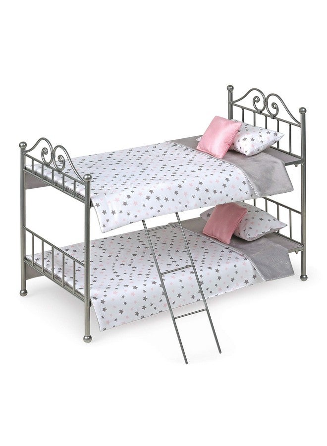 Toy Scrollwork Metal Doll Bunk Bed With Ladder And Bedding For 18 Inch Dolls Silver/Pink/Stars