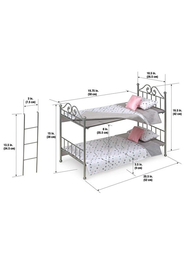 Toy Scrollwork Metal Doll Bunk Bed With Ladder And Bedding For 18 Inch Dolls Silver/Pink/Stars