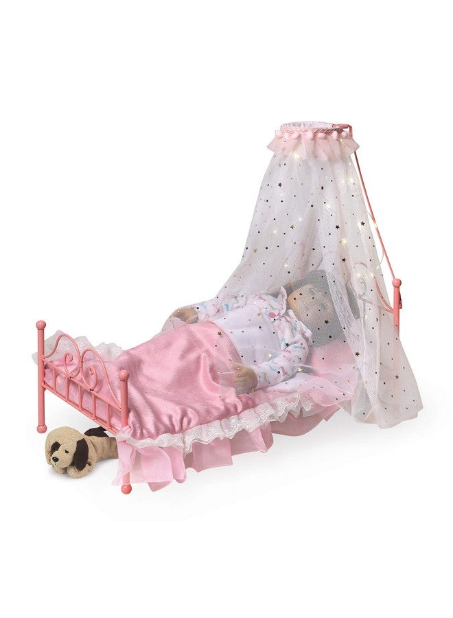 Starlights Toy Metal Doll Bed With Canopy Lights And Bedding For 18 Inch Dolls Pink