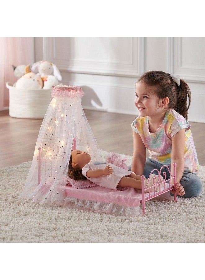 Starlights Toy Metal Doll Bed With Canopy Lights And Bedding For 18 Inch Dolls Pink
