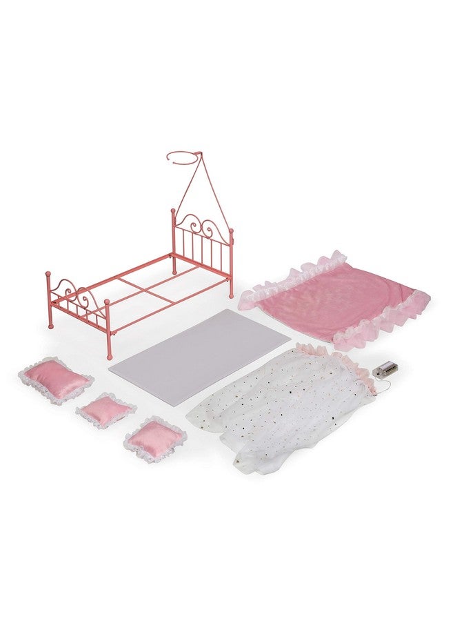 Starlights Toy Metal Doll Bed With Canopy Lights And Bedding For 18 Inch Dolls Pink