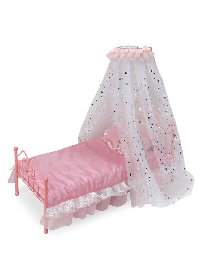 Starlights Toy Metal Doll Bed With Canopy Lights And Bedding For 18 Inch Dolls Pink