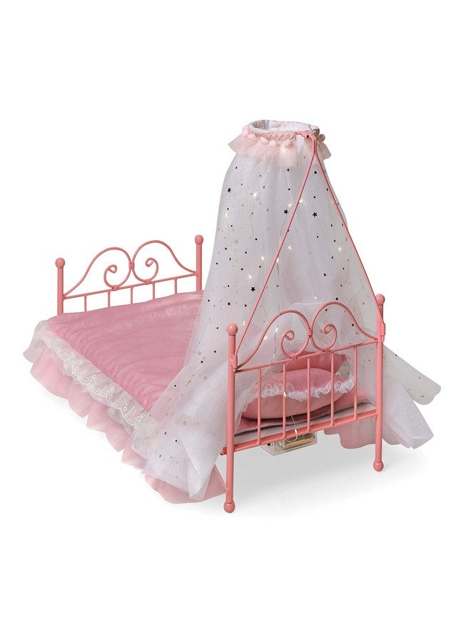 Starlights Toy Metal Doll Bed With Canopy Lights And Bedding For 18 Inch Dolls Pink