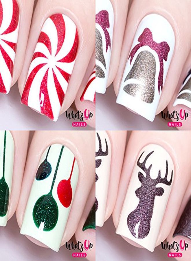 Christmas Nail Vinyl Stencils 4 Pack (Peppermint Candy Bell Festive Globes Antler) For Nail Art Design