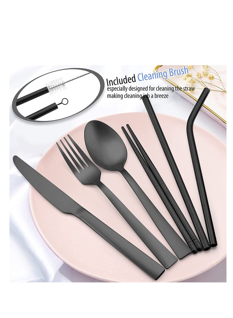 Matte Black Travel Equipment With Box Portable Stainless Steel Cutlery Reusable Camping Set Including Knife Fork Spoon Chopsticks Straw Cleaning Brush (8-Piece Set)