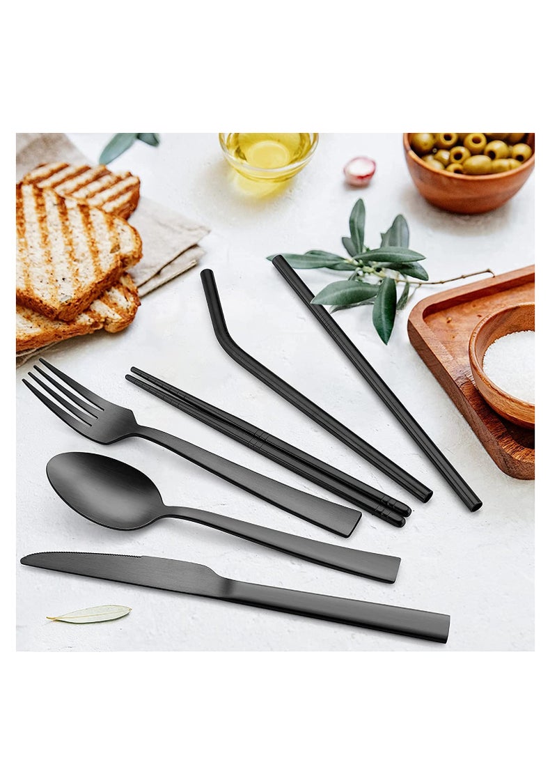 Matte Black Travel Equipment With Box Portable Stainless Steel Cutlery Reusable Camping Set Including Knife Fork Spoon Chopsticks Straw Cleaning Brush (8-Piece Set)