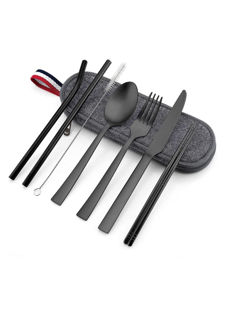 Matte Black Travel Equipment With Box Portable Stainless Steel Cutlery Reusable Camping Set Including Knife Fork Spoon Chopsticks Straw Cleaning Brush (8-Piece Set)