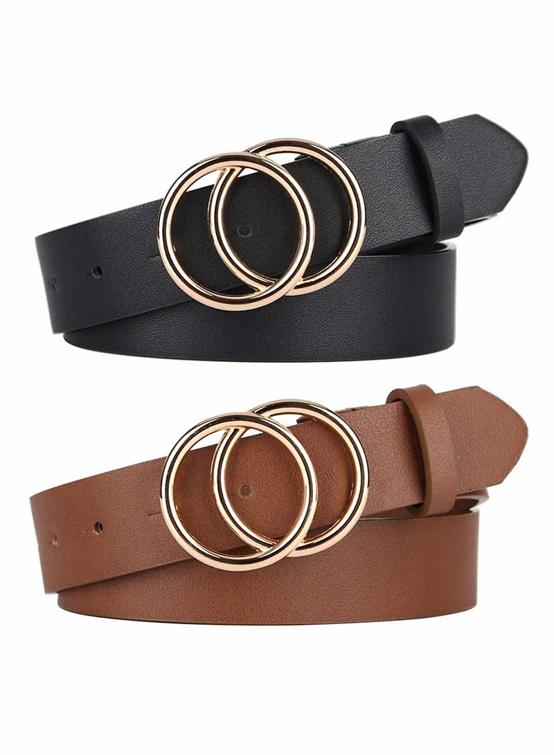 Women Belts for Jeans Dress with Fashion Double O Ring Buckle and Soft PU Faux Leather Belt(S,2 PCS)