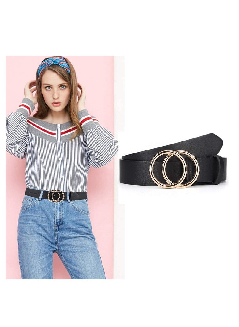 Women Belts for Jeans Dress with Fashion Double O-Ring Buckle and Soft PU Faux Leather Belt(M,2 PCS)