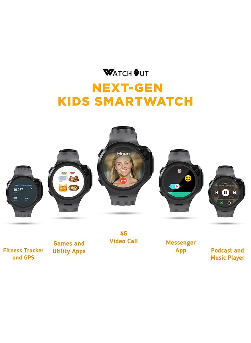 WatchOut Wearables Next-Gen Kids Smartwatch with 4G Video Call, Music, Games, Anti Theft and Parental Control (Space Grey), Fits All