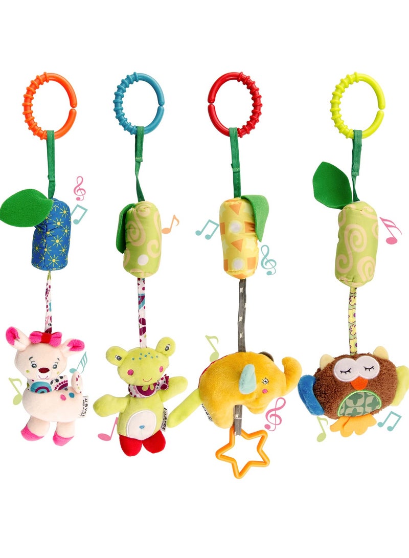 Baby Soft Hanging Rattle,Car Seat Hanging Bell Adorable Animal Infant Play Music Crib Toy Carseat Rattles Educational Toysfor Babies Boys and Girls 3 6 9 to 12 Months 4 Pack