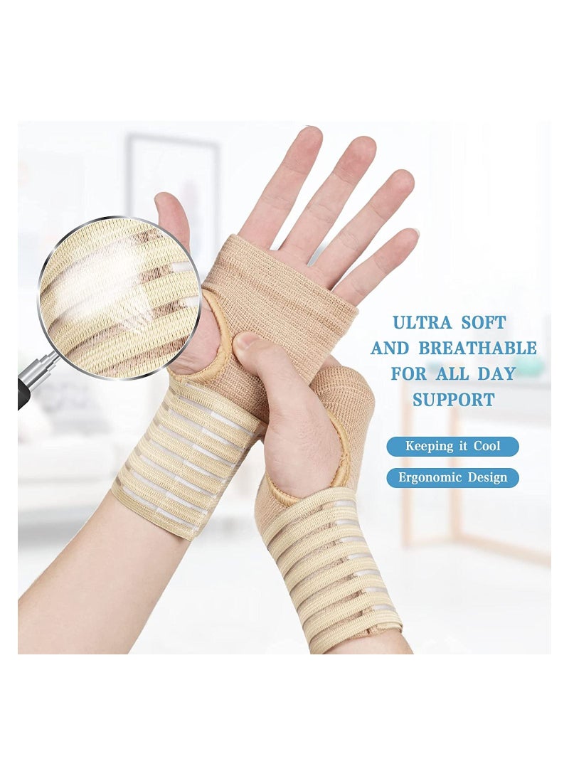 2Pcs Wrist Brace Elastic Wrist Support with Strap Ideal for Sprains Injury or Sports Use with no Metal bar Support Without inhibiting Flexibility Left or Right Beige