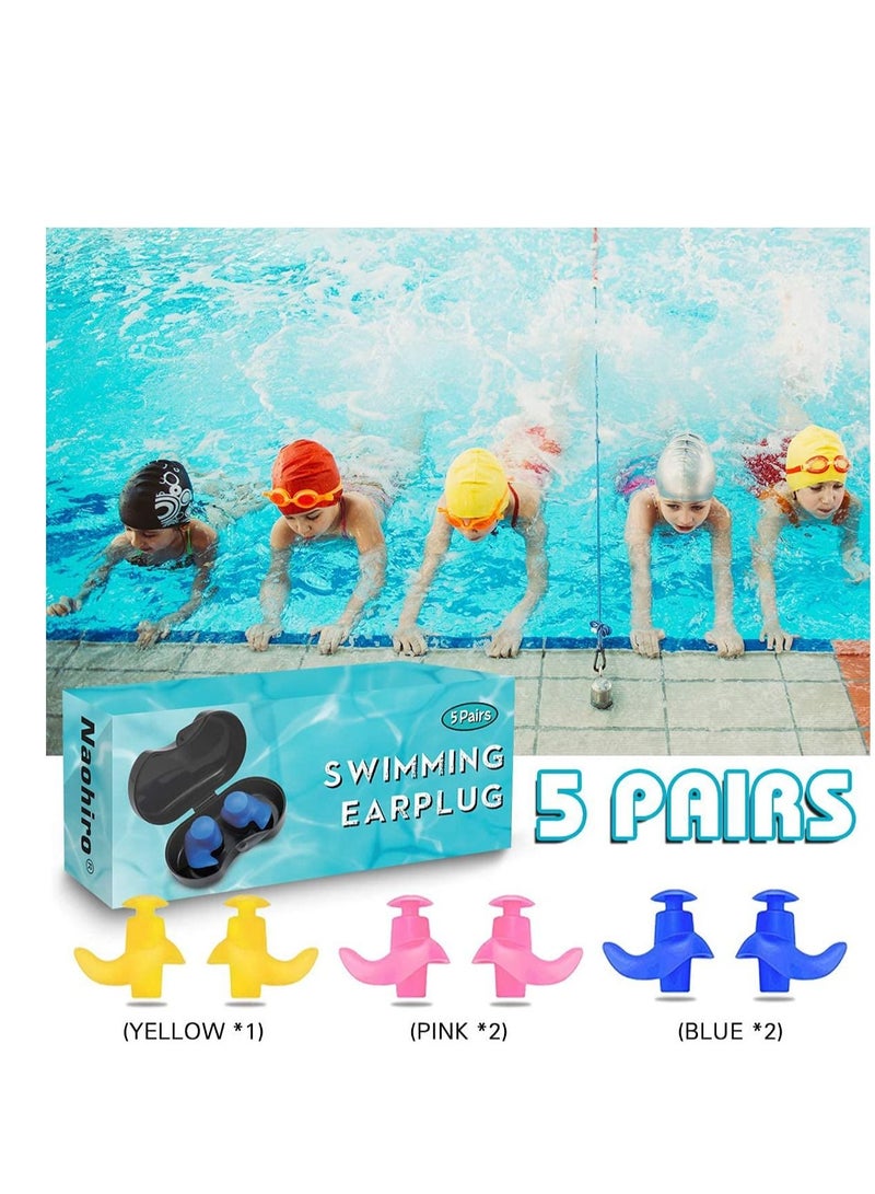 Swimming Earplugs, 5 Pairs Pack Waterproof Reusable Silicone Swimming Ear Plugs for Swimming Showering Bathing Surfing Snorkeling and Other Water Sports, Suitable for Kids and Adults