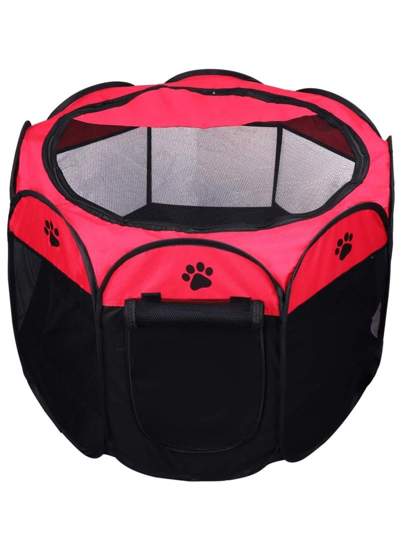 Octagonal Pet Dog And Cat House, Portable Kennel Puppy Bed House Foldable Tent Fence, Indoor Outdoor Use, Black And Red, Pet Bed