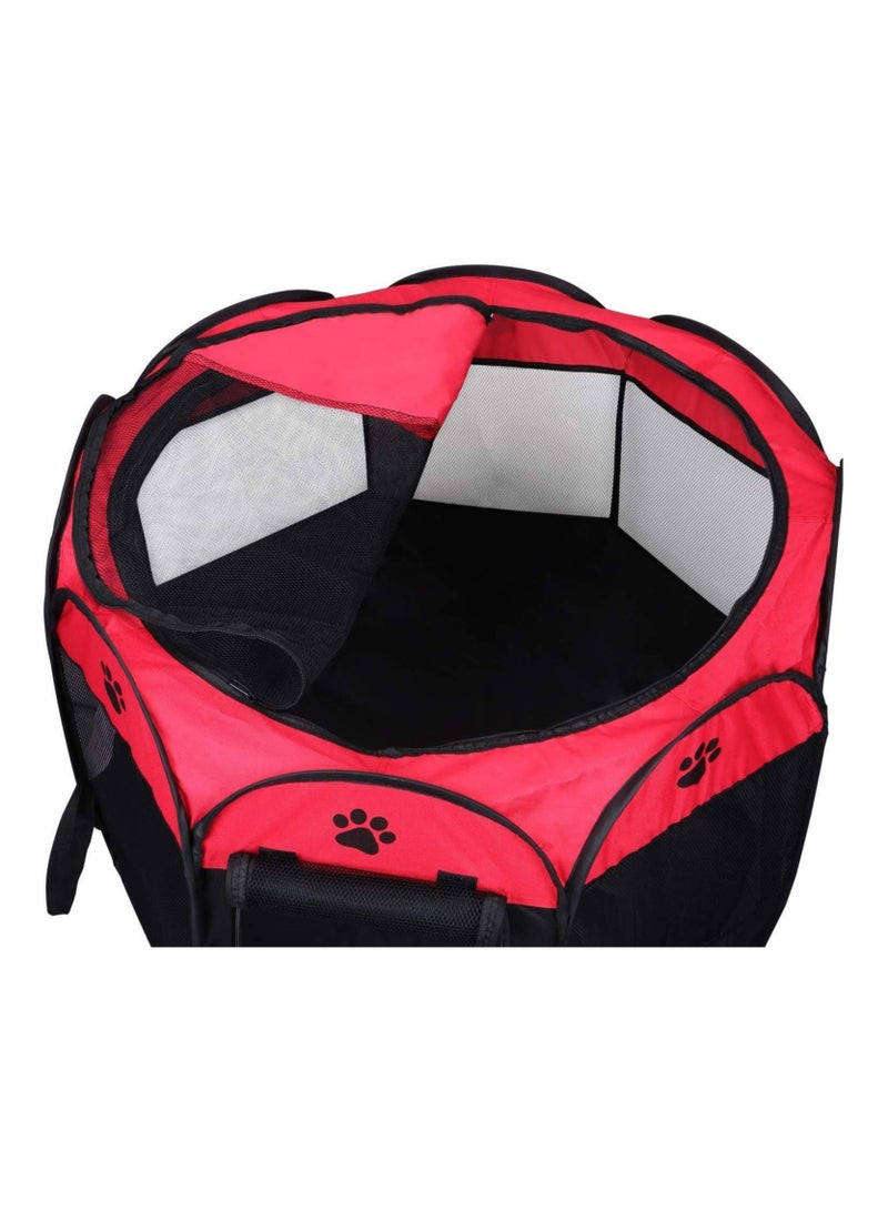 Octagonal Pet Dog And Cat House, Portable Kennel Puppy Bed House Foldable Tent Fence, Indoor Outdoor Use, Black And Red, Pet Bed