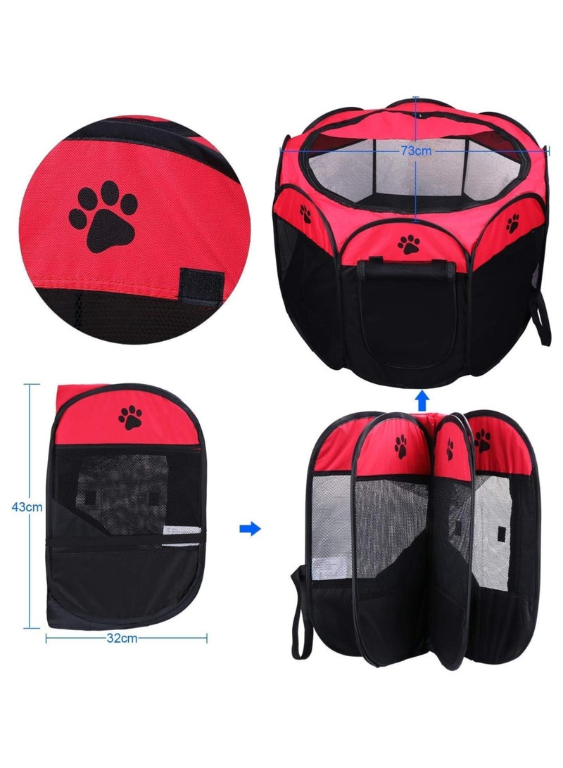 Octagonal Pet Dog And Cat House, Portable Kennel Puppy Bed House Foldable Tent Fence, Indoor Outdoor Use, Black And Red, Pet Bed