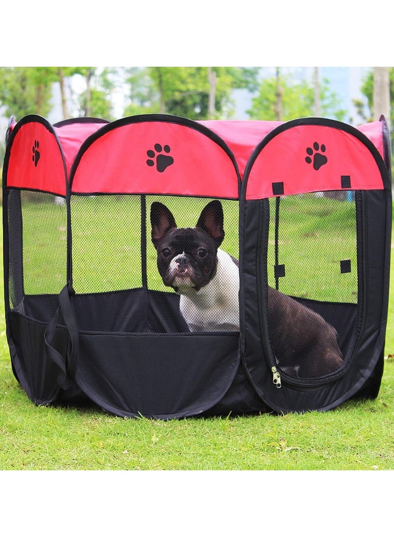 Octagonal Pet Dog And Cat House, Portable Kennel Puppy Bed House Foldable Tent Fence, Indoor Outdoor Use, Black And Red, Pet Bed