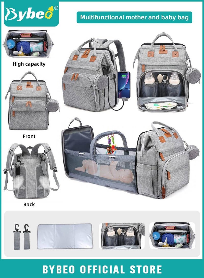 5PCS Baby Diaper Bag Backpack, Multifunction Mommy Bag, Travel Bassinet, Large Diapers Changing Station, Waterproof Nappy Bags with USB Charge Port, Change Mat, Hooks, Mosquito Net and Coin Purse