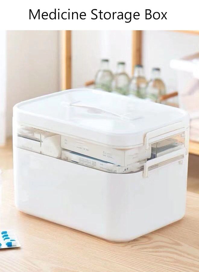 Medicine Box Plastic Medicine Storage Box Family Emergency Kit Medical Kit 2 Layers Home First Aid Box Child Proof Medicine Box Organizer Pill Case with Compartments and Handle
