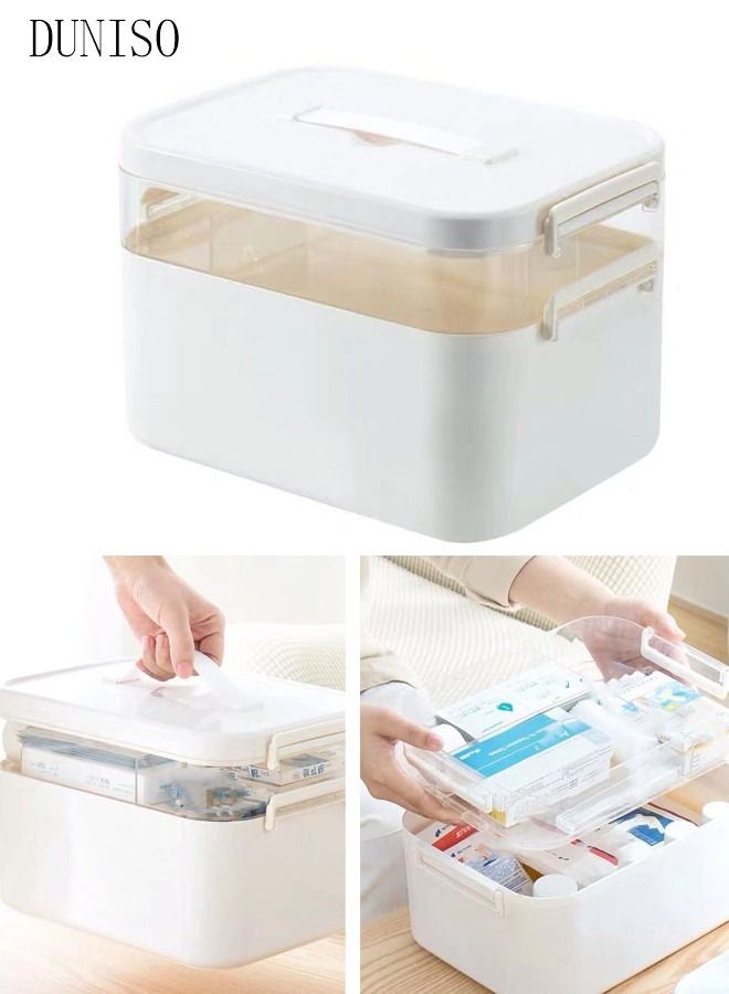 Medicine Box Plastic Medicine Storage Box Family Emergency Kit Medical Kit 2 Layers Home First Aid Box Child Proof Medicine Box Organizer Pill Case with Compartments and Handle