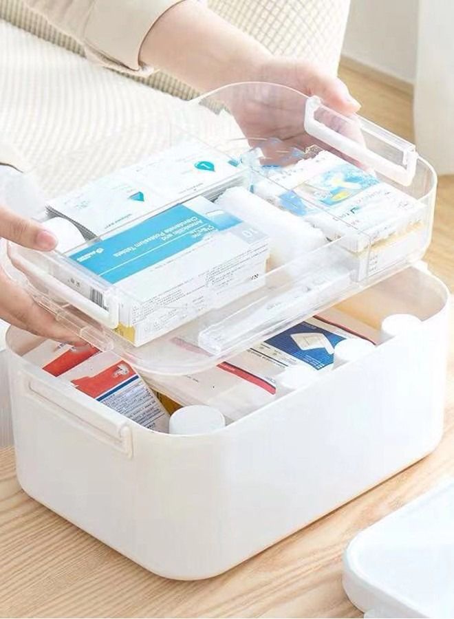 Medicine Box Plastic Medicine Storage Box Family Emergency Kit Medical Kit 2 Layers Home First Aid Box Child Proof Medicine Box Organizer Pill Case with Compartments and Handle