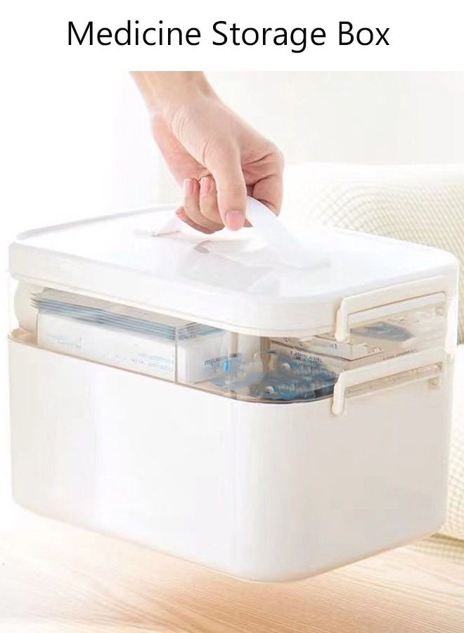 Medicine Box Plastic Medicine Storage Box Family Emergency Kit Medical Kit 2 Layers Home First Aid Box Child Proof Medicine Box Organizer Pill Case with Compartments and Handle
