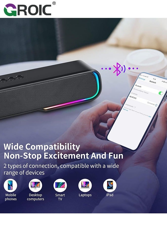 Computer Speaker Sound Bar, Wired & Wireless Bluetooth 5.0 Surround Bass Audio, Black Smart Home Speakers with AUX TFcard Connection, Best Theater Loud Speaker for PC TV Desktop ＆ Room