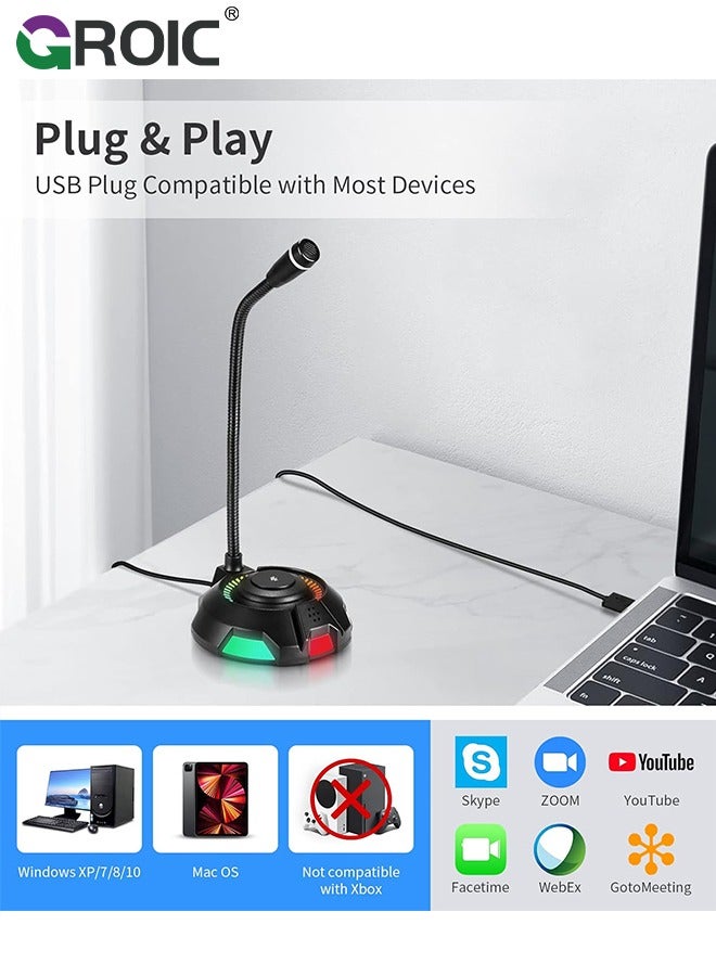 USB Microphone, Computer Microphone with Mute Button for Singing, Streaming, Podcasting, Vocal Recording, Plug and Play, Desktop Gaming Mic with RGB lighting for Laptop Mac, Windows, iPhone, iPad