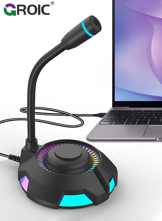 USB Microphone, Computer Microphone with Mute Button for Singing, Streaming, Podcasting, Vocal Recording, Plug and Play, Desktop Gaming Mic with RGB lighting for Laptop Mac, Windows, iPhone, iPad