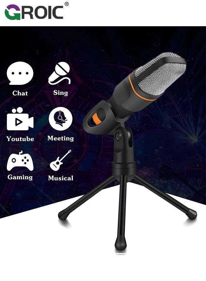 Studio Condenser Black Microphone, Professional HiFi Stereo Low Noise Cardioid Omnidirectional Wired Computer Microphone Set with Desktop Tripod for Recording Live Broadcast Speech, Plug and Play