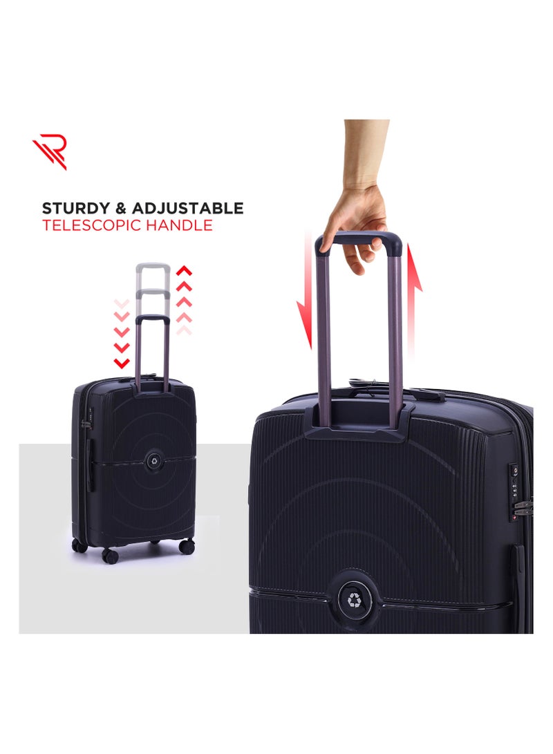 REFLECTION High Quality PP Carry on Suitcase Lightweight Hardshell Durable Vertical Series Travel Luggage Trolley with Double Spinner Wheels and TSA Lock Black 3pcs Set