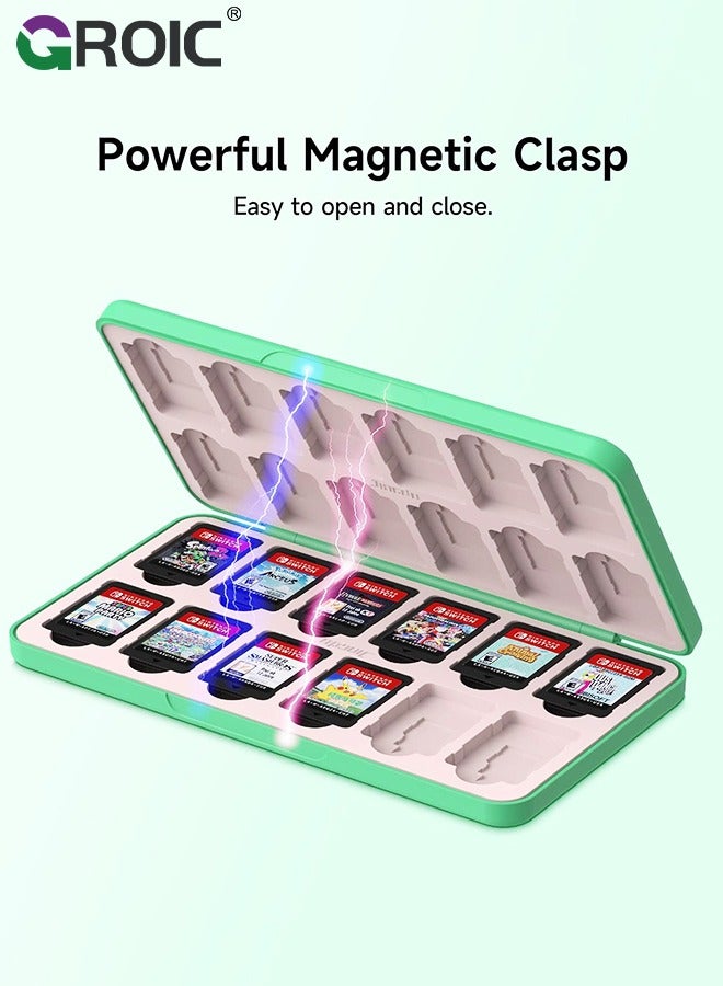 Cute Game Card Case for Nintendo Switch/ Switch Lite/ OLED, 24 Game Holder Cartridge Case for Game Cards and 24 SD Cards, Kawaii Portable Compact Storage Box, Animal Cross Leaf