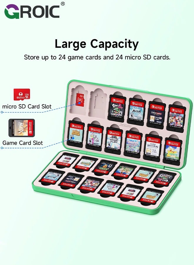 Cute Game Card Case for Nintendo Switch/ Switch Lite/ OLED, 24 Game Holder Cartridge Case for Game Cards and 24 SD Cards, Kawaii Portable Compact Storage Box, Animal Cross Leaf