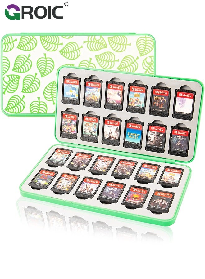 Cute Game Card Case for Nintendo Switch/ Switch Lite/ OLED, 24 Game Holder Cartridge Case for Game Cards and 24 SD Cards, Kawaii Portable Compact Storage Box, Animal Cross Leaf