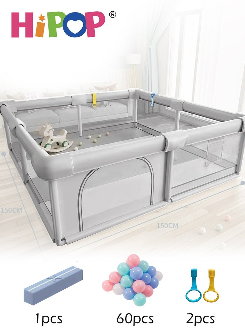 Baby Playpen with Safety Fence,Household Climbing Mat with 60 Sea Balls,Indoor Play Game Fence 150*150*65cm