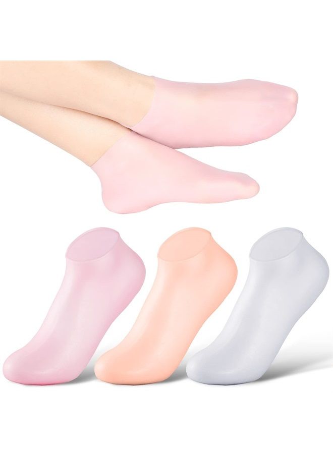 Silicone Socks 3 Pairs Aloe Socks Silicone Gel Heel Socks Anti Slip Silicone Moisturizing Socks for Women Men Dry Cracking Skin (Medium), Pink, Beige and White,Medium