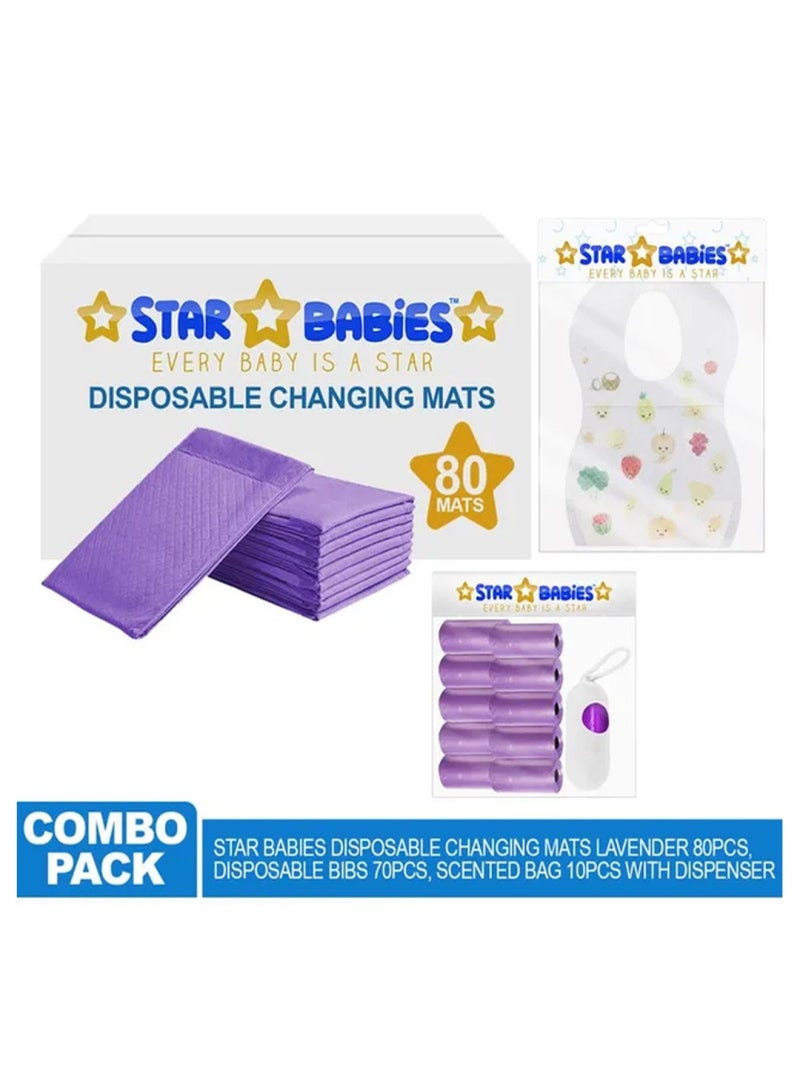Combo Pack Disposable Changing Mat 80Pcs Scented Bag 10Pcss Bibs 70Pcs - Lavender