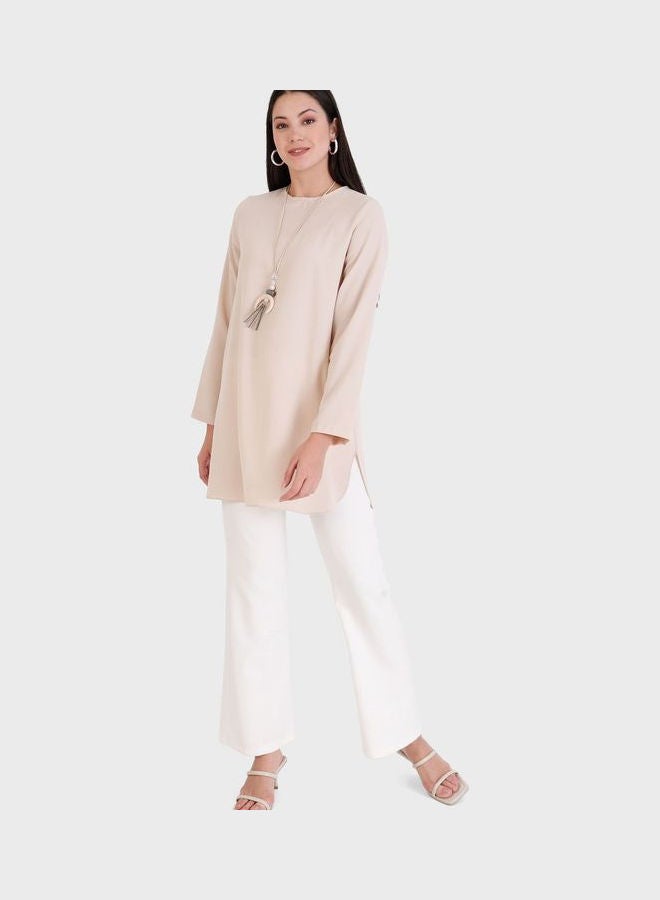 Crew Neck Knitted Tunic Beige