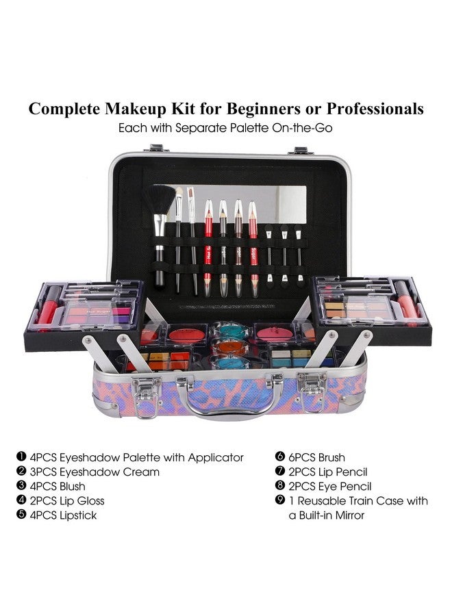 All In One Makeup Set For Adults And Girls Full Makeup Kit For Beginners Includes Eye Shadow Palette Blush Lip Gloss Lipstick Lip Pencil Eye Pencil Brush Mirror (Pink Leopard)