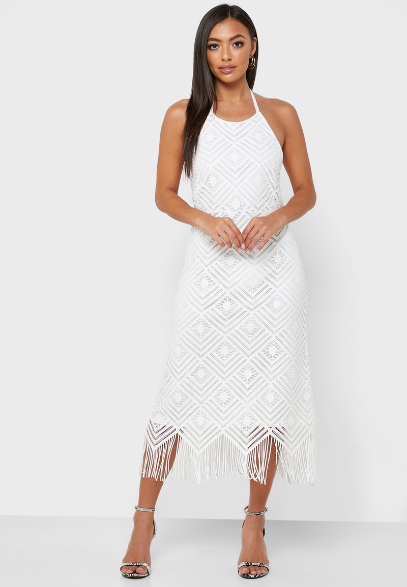 Halter Neck Fringe Dress white