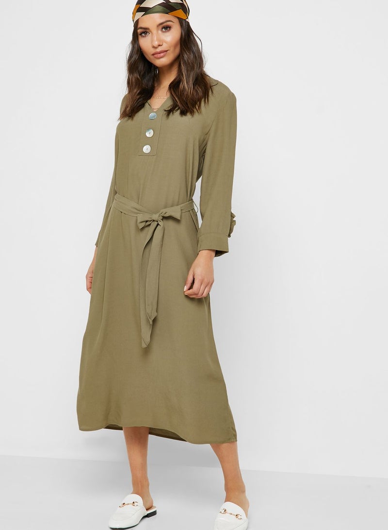 Button Detail Belted Dress