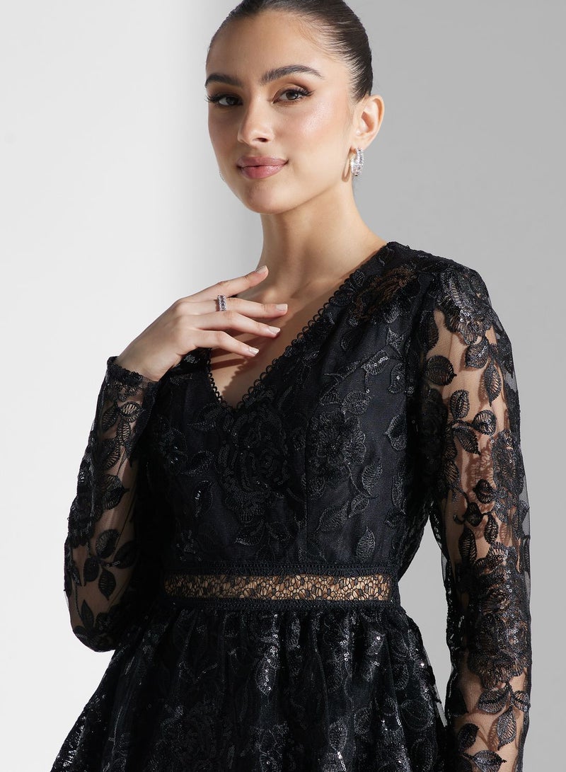 Embellished Lace Layered Midaxi Dress