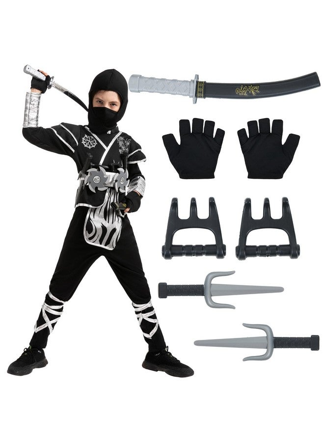 Kids Silver Ninja Costume Child Boy Dragon Patterns Ninja Costume For Kids Toddler Halloween Dress Up Party (Medium (810Yr))