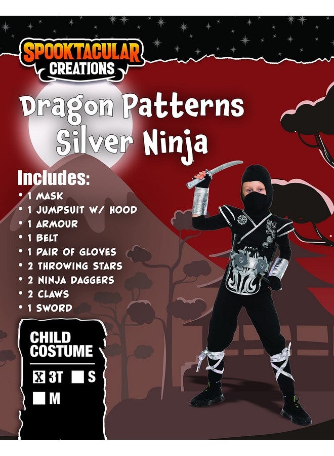 Kids Silver Ninja Costume Child Boy Dragon Patterns Ninja Costume For Kids Toddler Halloween Dress Up Party (Medium (810Yr))