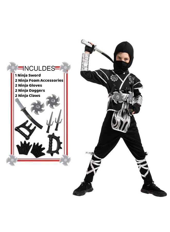 Kids Silver Ninja Costume Child Boy Dragon Patterns Ninja Costume For Kids Toddler Halloween Dress Up Party (Medium (810Yr))